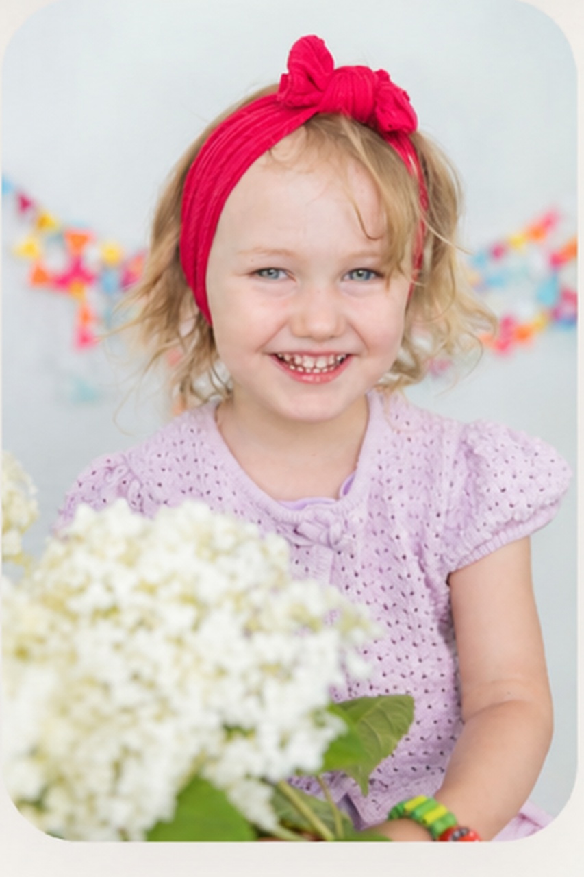 Lachendes Kindergartenkind mit pinker Schleife und Hortensien